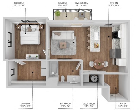 Floor plan for 1 bed, 1 bath, 673 sqft